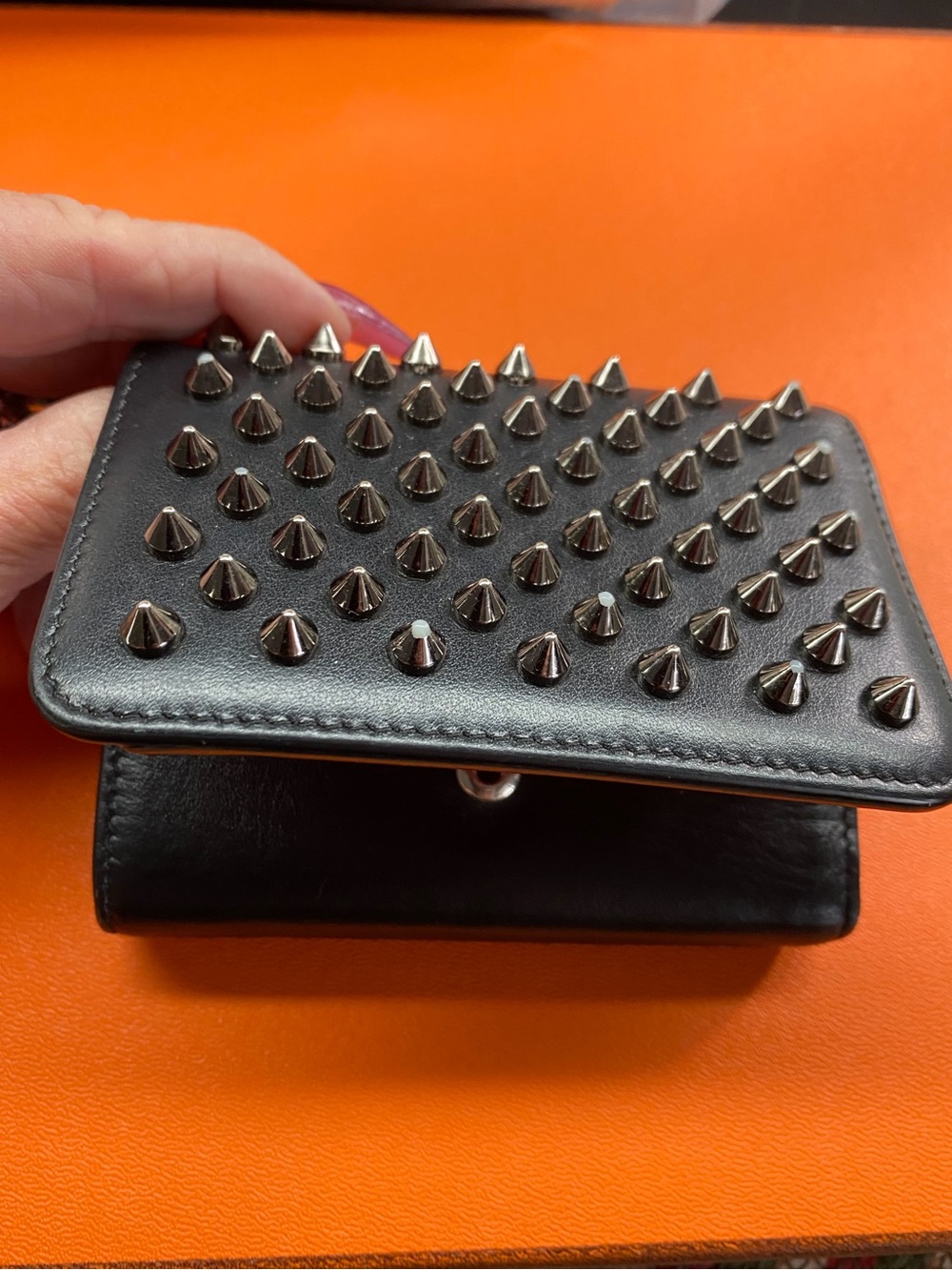 Christian Louboutin Black Leather Studded Compact Wallet with Red Zip Accent - Picture 3 of 16